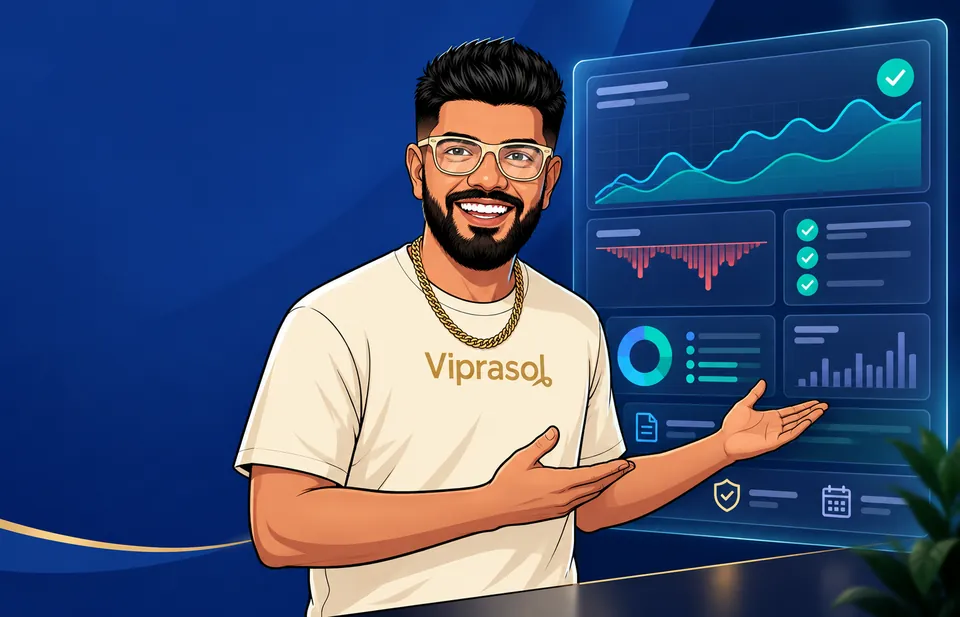 Illustrated trader reviewing charts and performance measurements