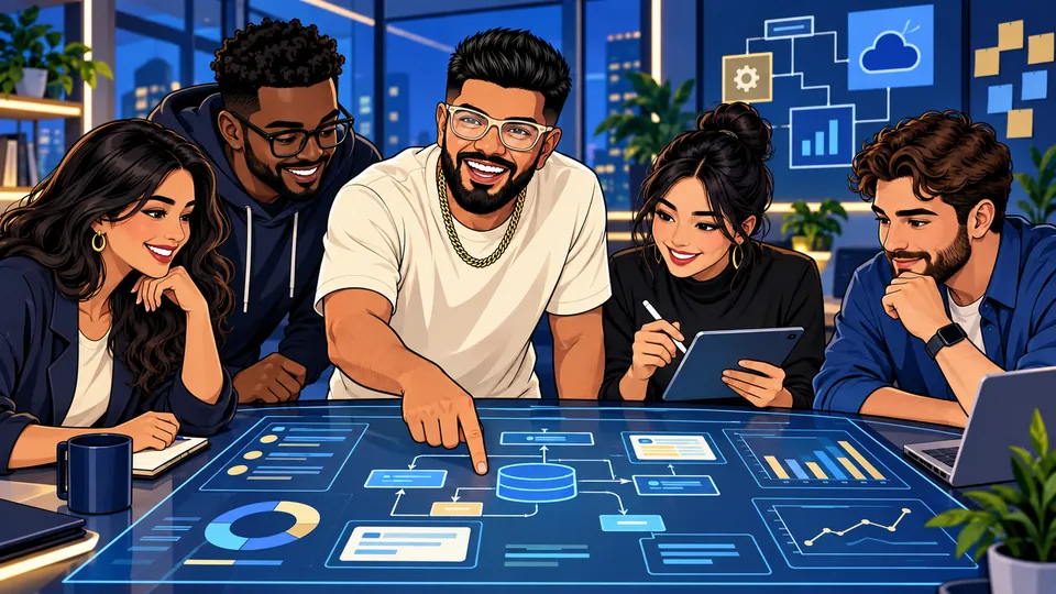 Illustration of a development team collaborating on software