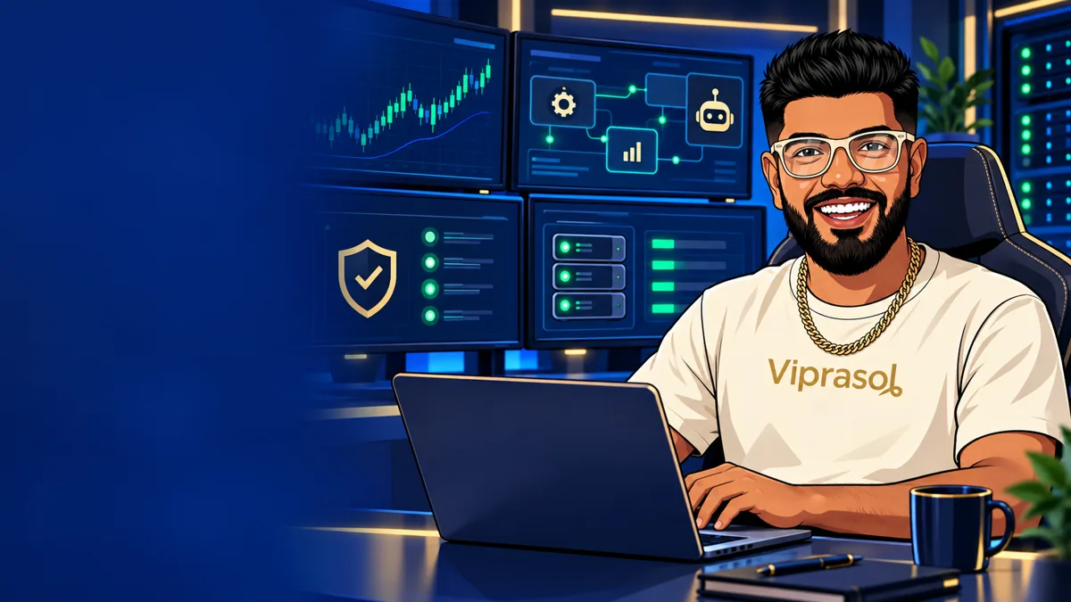 Viprasol character reviewing trading controls and monitoring screens