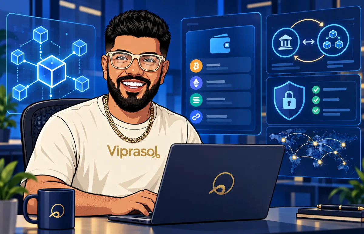 Viprasol character working on cryptocurrency software and exchange connections